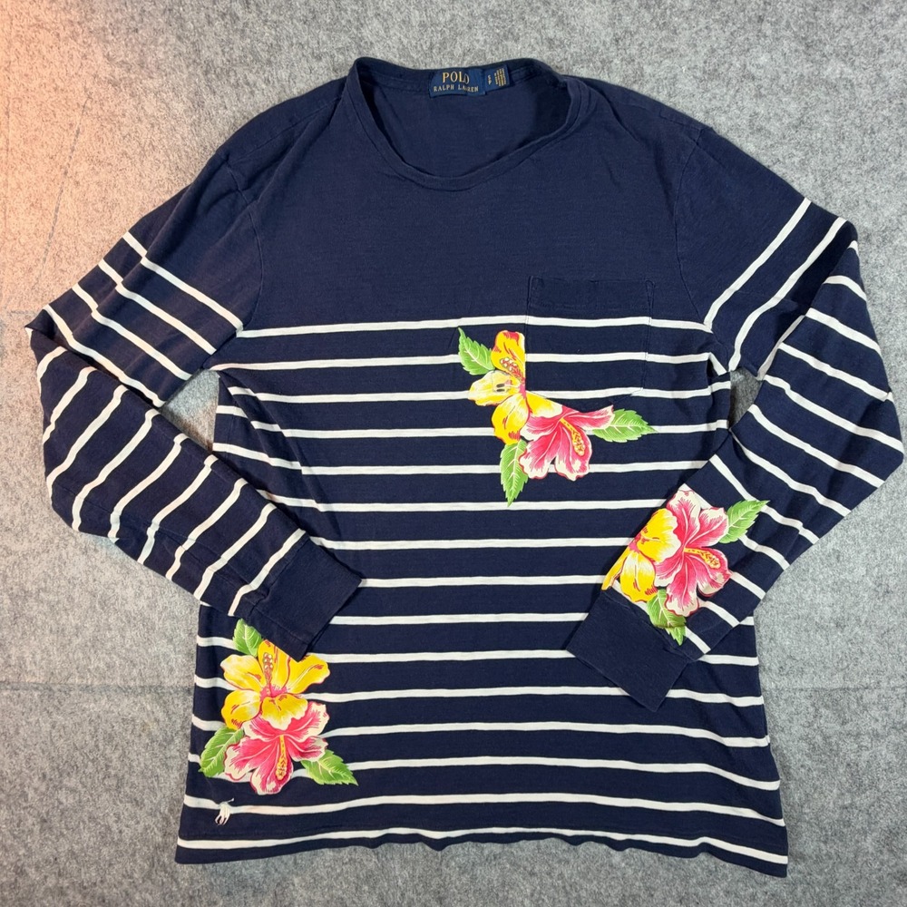 Polo Ralph Lauren Small Blue Striped Floral Print Long Sleeve Crewneck Sweater